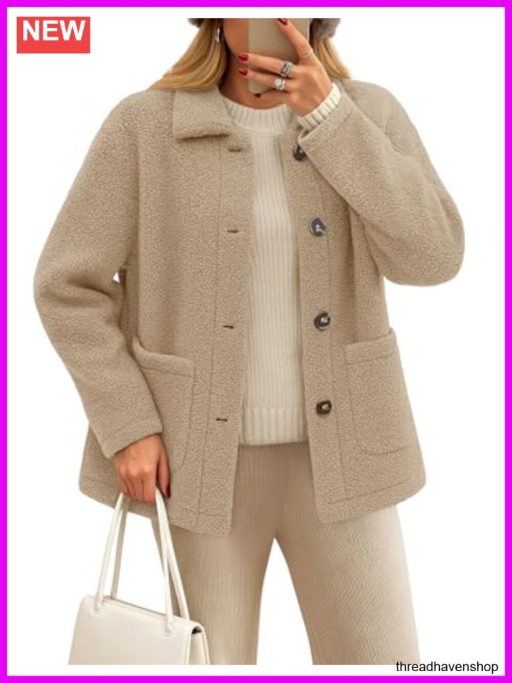 Womens Fleece Jacket Button Down Sherpa Teddy Coat Fuzzy Long Sleeve Fall